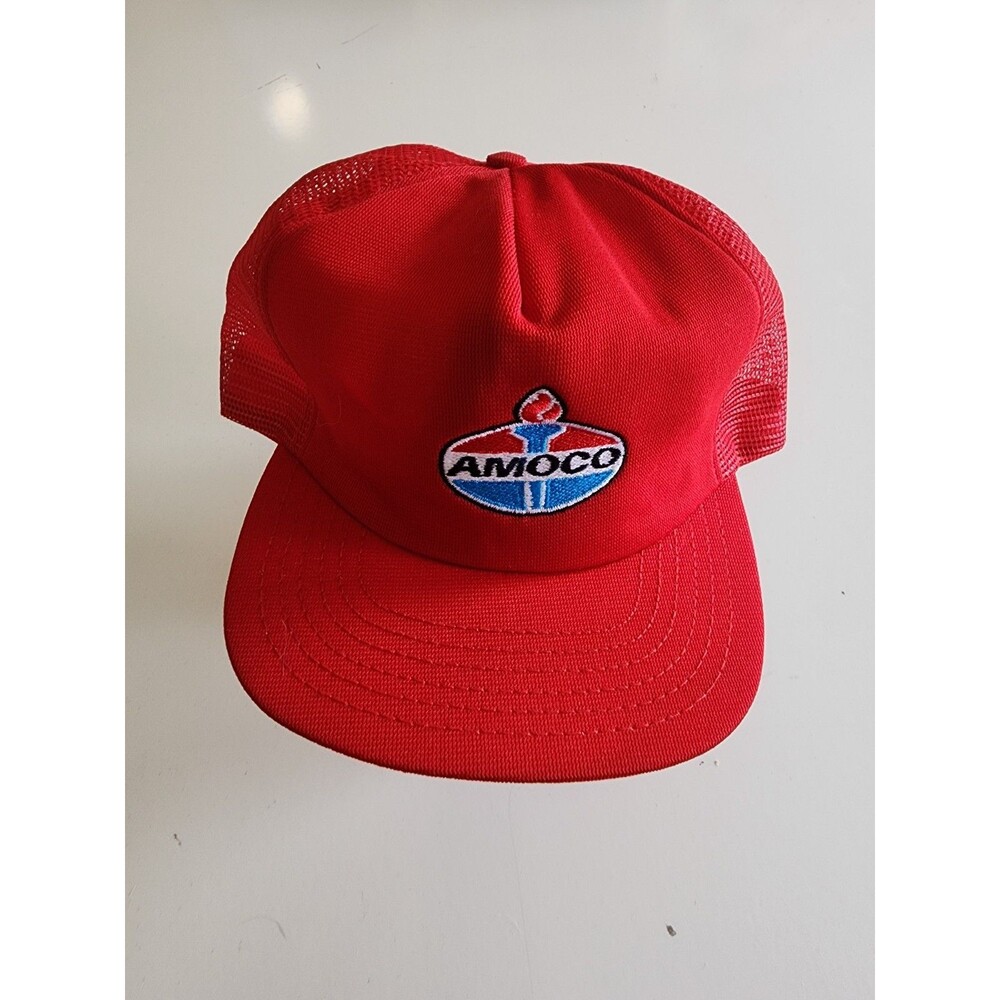 Vintage Amoco Gas Oil Snapback Trucker Cap Hat Patch Red Made in USA
